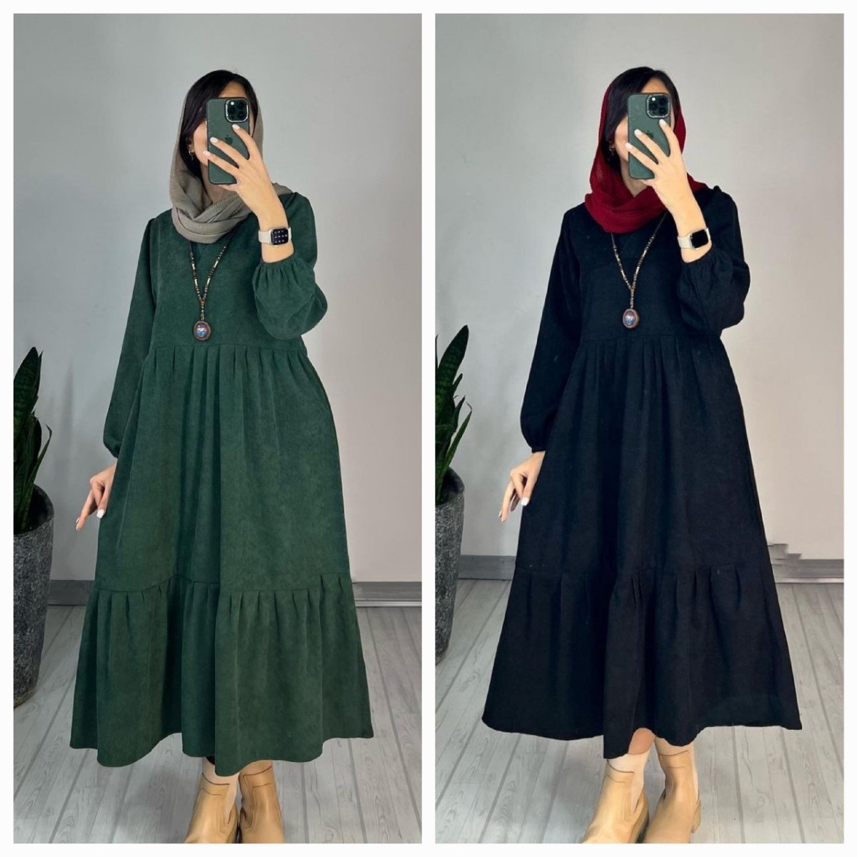 تصویر  پیراهن زنانه بلند مخمل کبریتی ریز تانیا