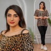 تصویر  بلوز کیمونو بندی با ساپورت پلنگی قهوه ای