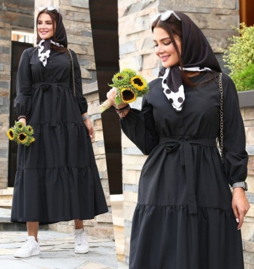 تصویر  پیراهن  زنانه بلند چین دار محرمی