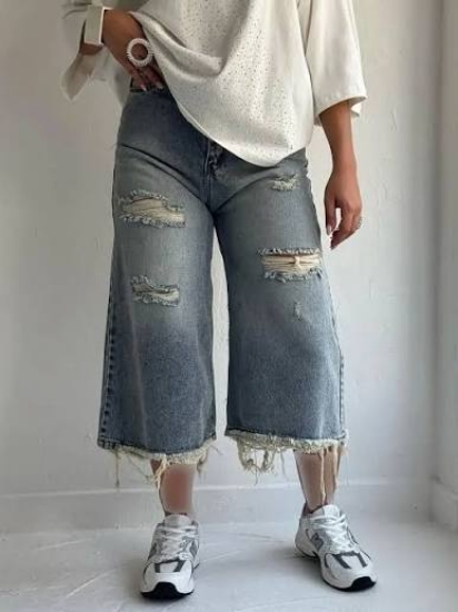 تصویر  شلوار جین فول واید لگ ریشدار 97337